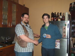 1st place winner Nathaniel with his prize: A tamper and a tin of Mr. B Legend Series Hudson's Bay